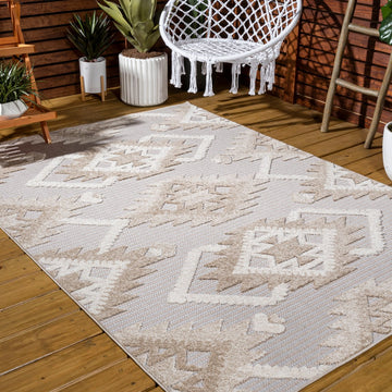 Sumak High-low Pile Neutral Diamond Kilim Area Rug